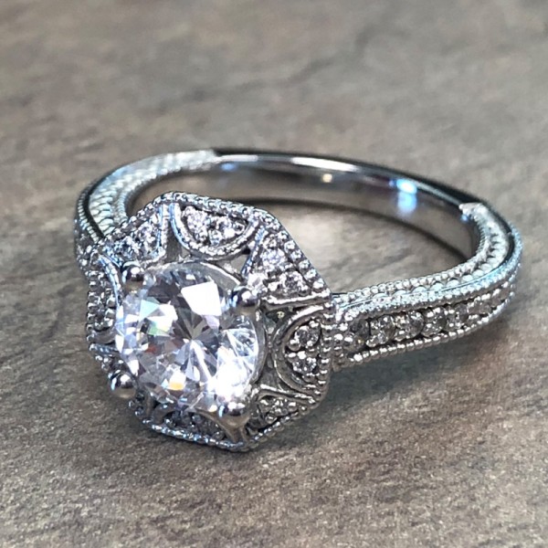 14K White Gold Vintage Inspired Halo Engagement Ring